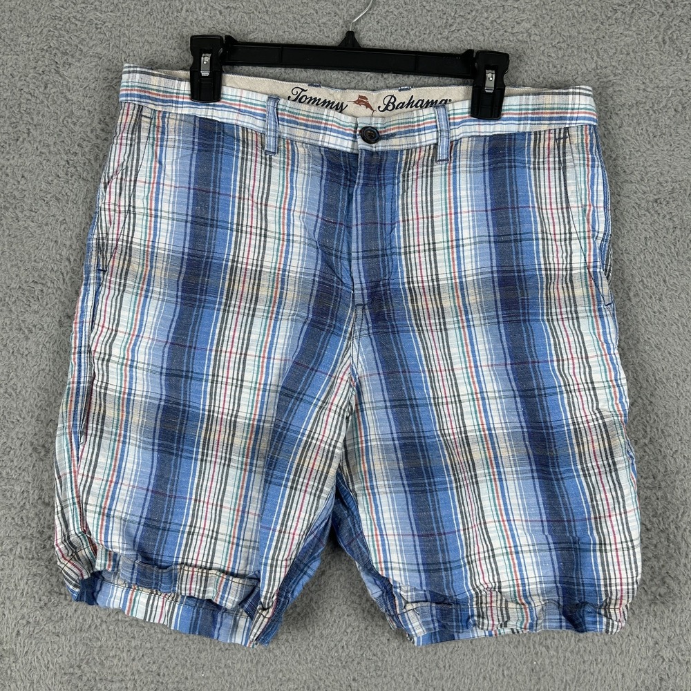 Tommy Bahama Shorts Mens 34 Blue Plaid Linen Blend Casual Summer Flat Front 9"